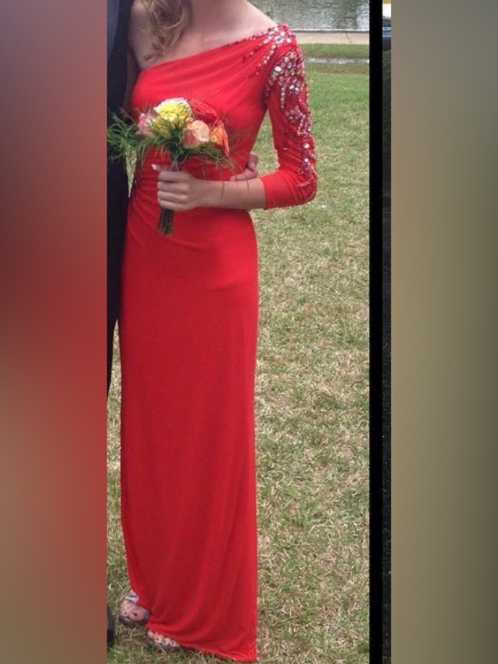 Faviana Red Long Sleeve Beaded One-Shoulder Gown